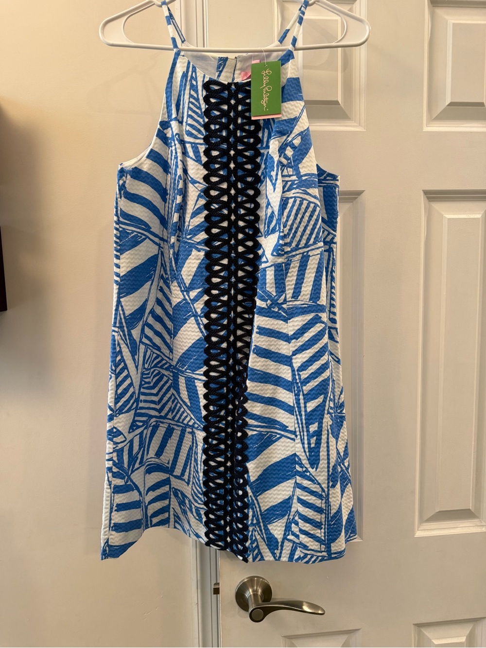 Lilly Pulitzer Blue & White Leaf-Print Tank Dress with Black Trim nwt